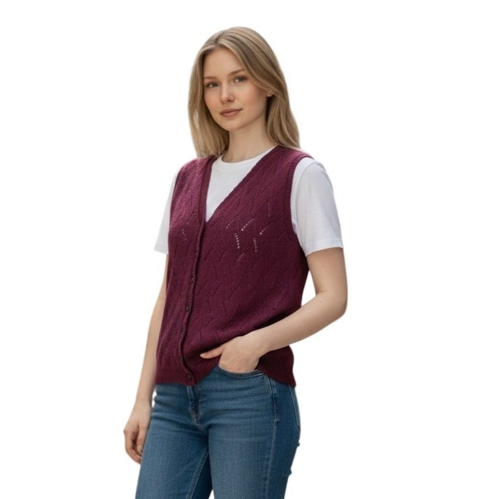 Canadian Made Pointelle Sweater Vest Berry Cottagecore Grandpa Core size S‎